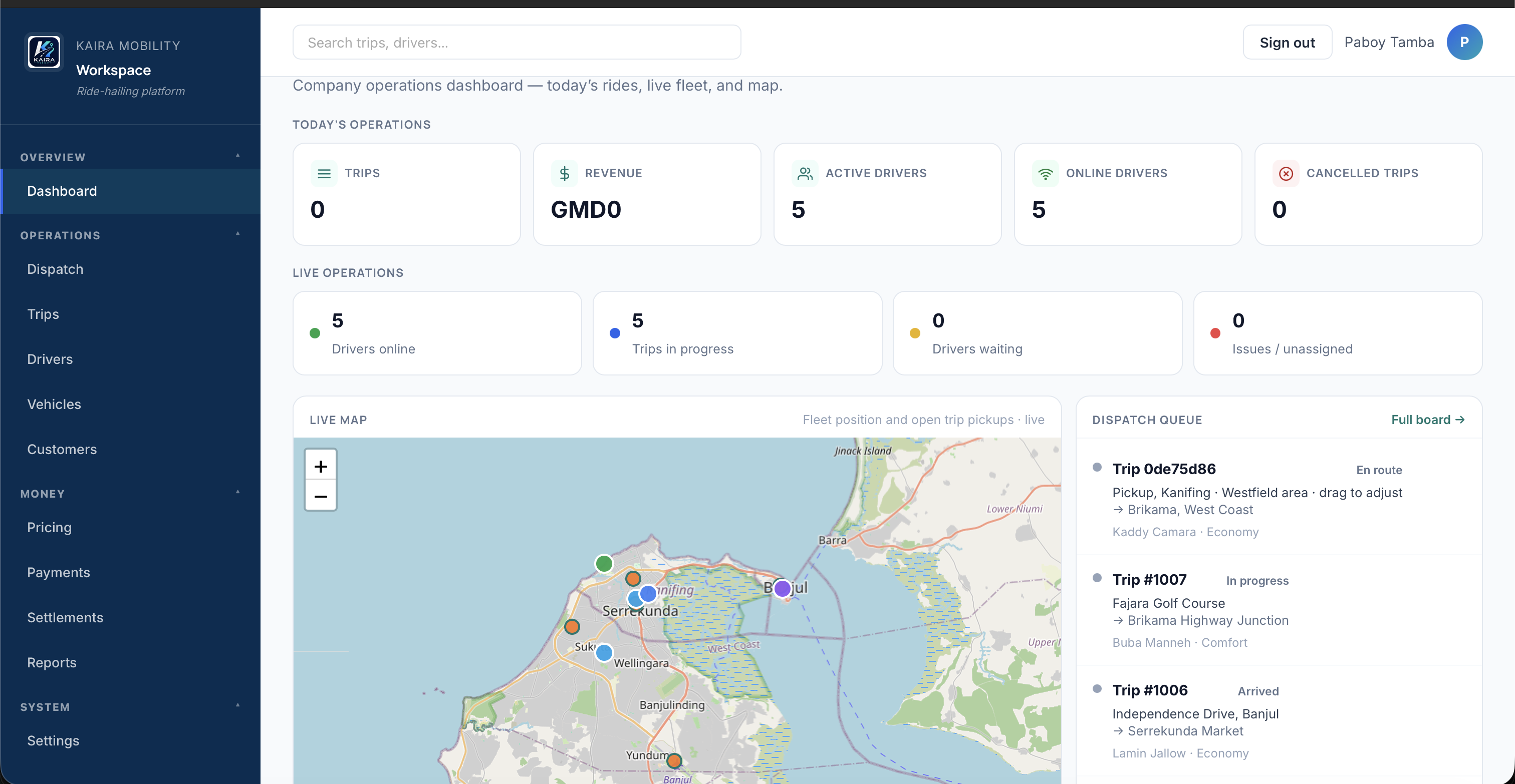 Kaira Mobility desktop dashboard